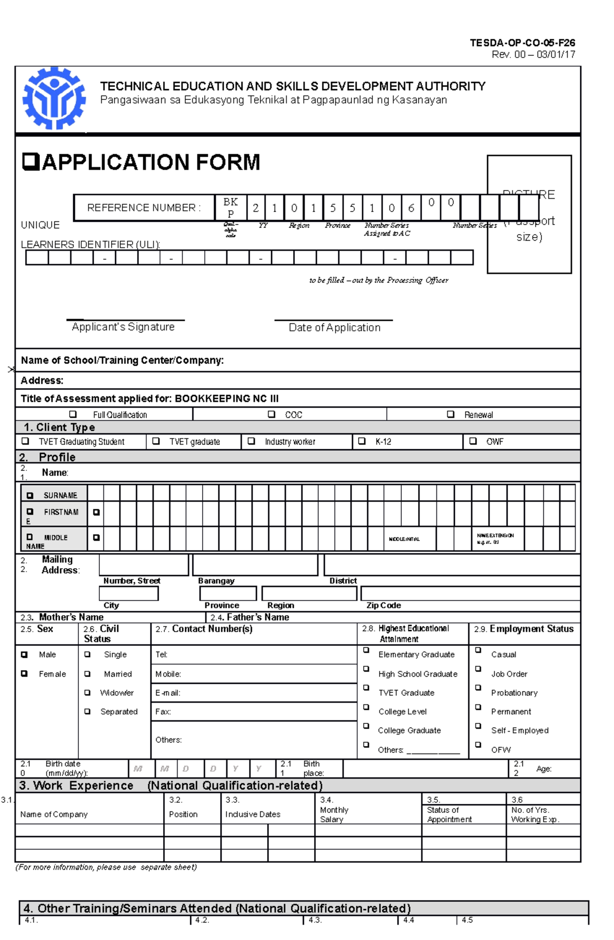 Assessment Application Form Blank