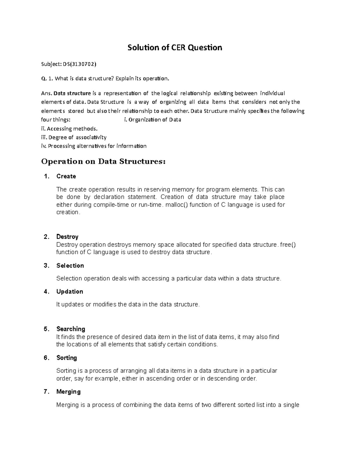 CER DS - Lecture notes 1,2 - Solution of CER Question Subject: DS ...