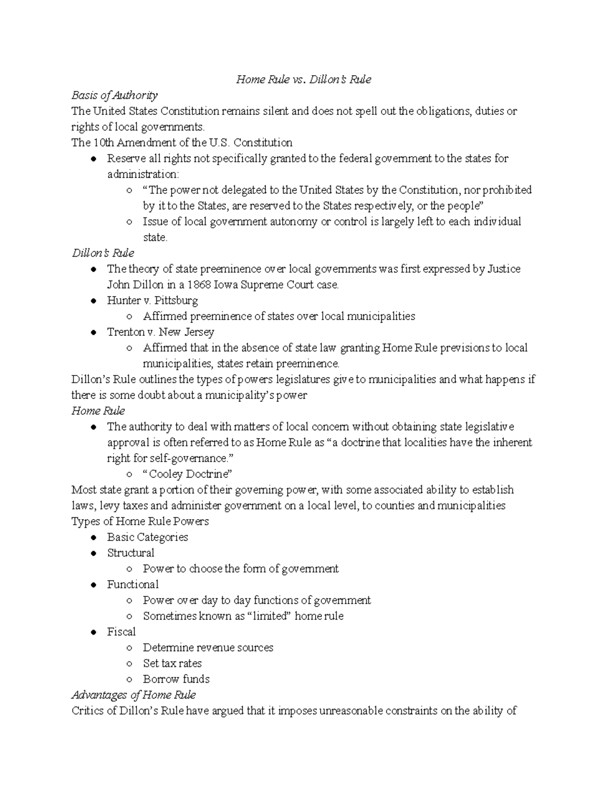 URST 241 Home Rule vs. Dillon’s Rule Home Rule vs. Dillon’s Rule