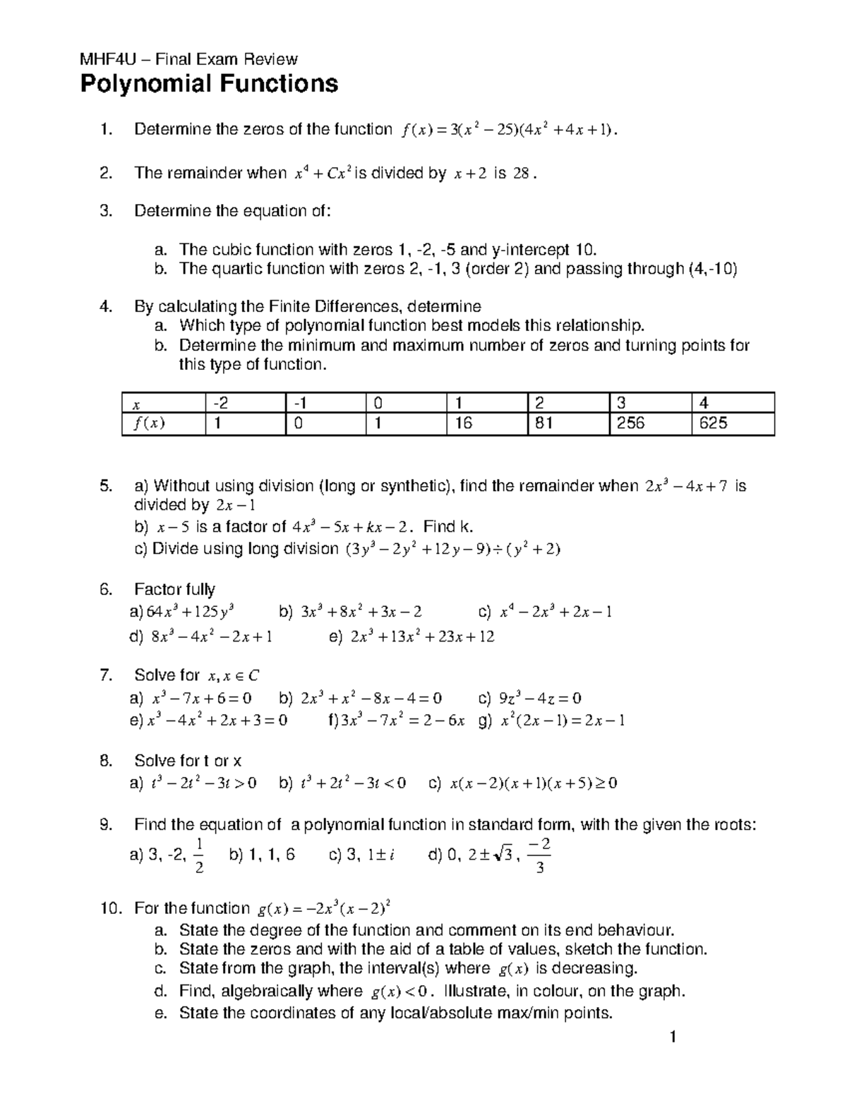 MHF 4U Exam Review I - Polynomial Functions Determine the zeros of the ...