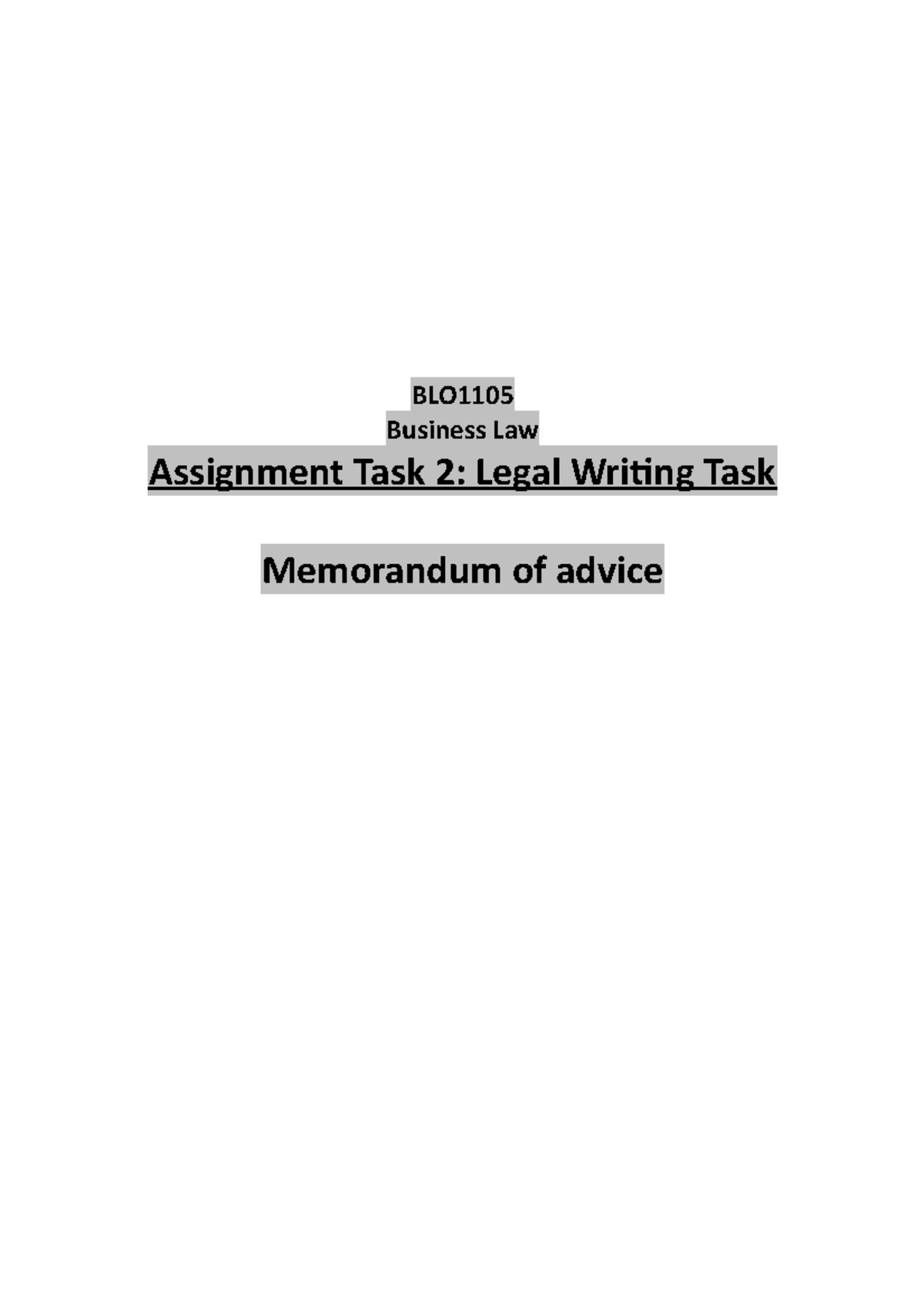 Memorandum of Advice - Assignment 2 - BLO Business Law Assignment Task ...