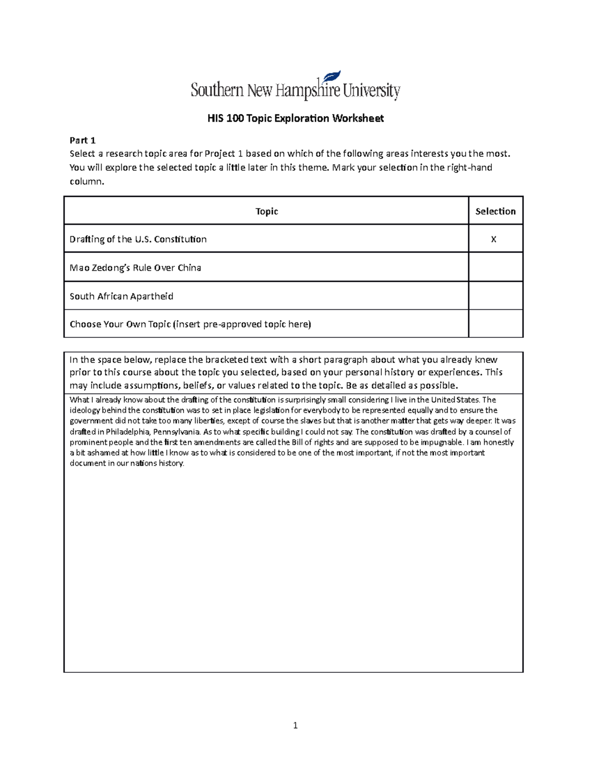 Topic exploration worksheet - HIS 100 Topic Exploration Worksheet Part ...