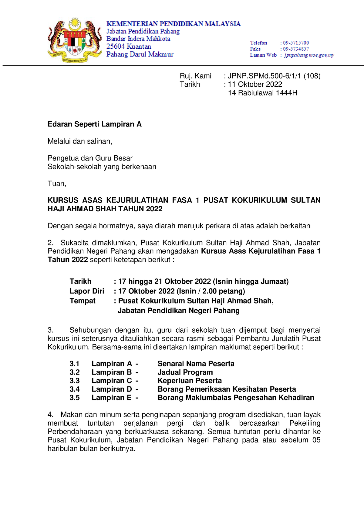 Surat Panggilan Peserta Fasa1 Fnl - Ruj. Kami : JPNP-6/1/1 (108) Tarikh ...