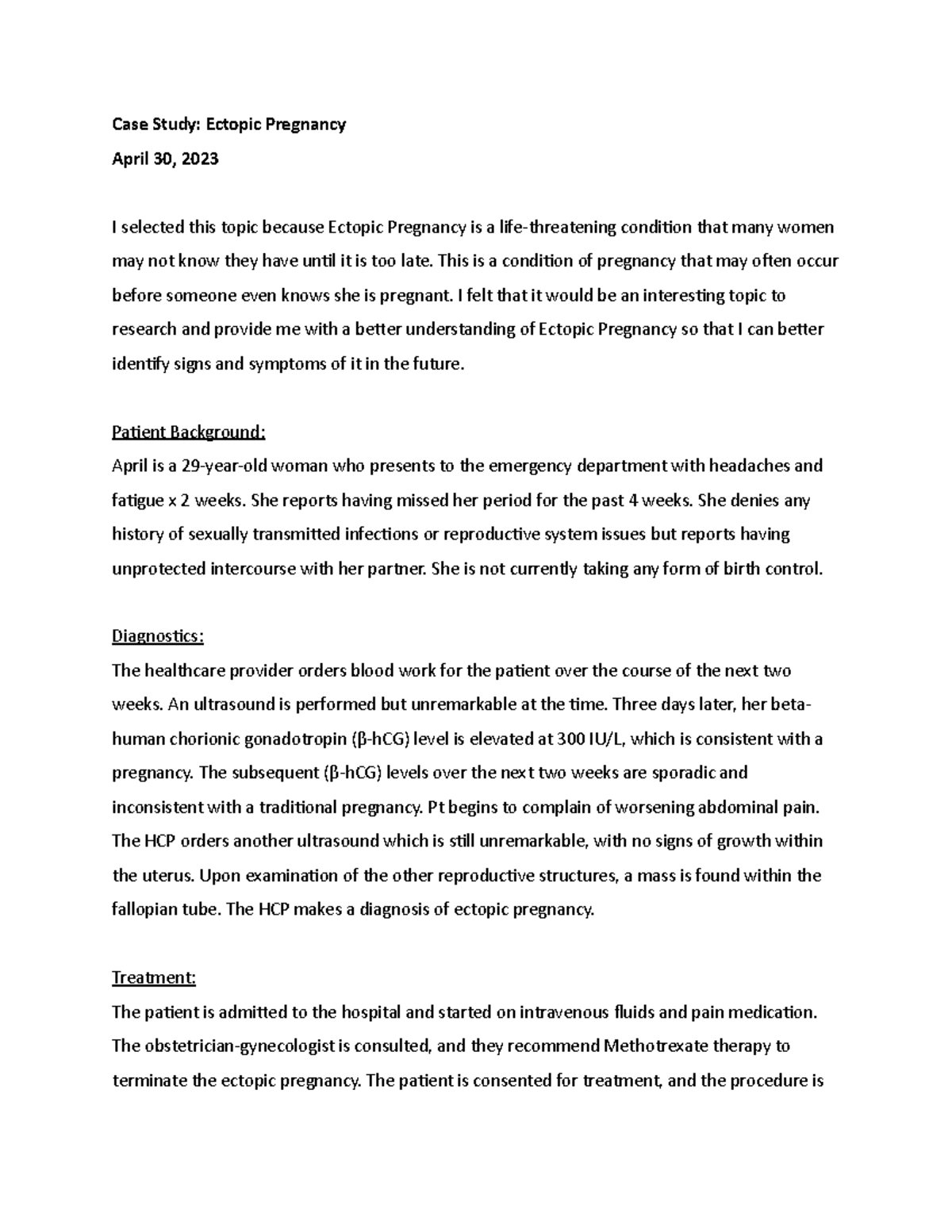Case Study Ectopic Pregnancy Case Study Ectopic Pregnancy April 30