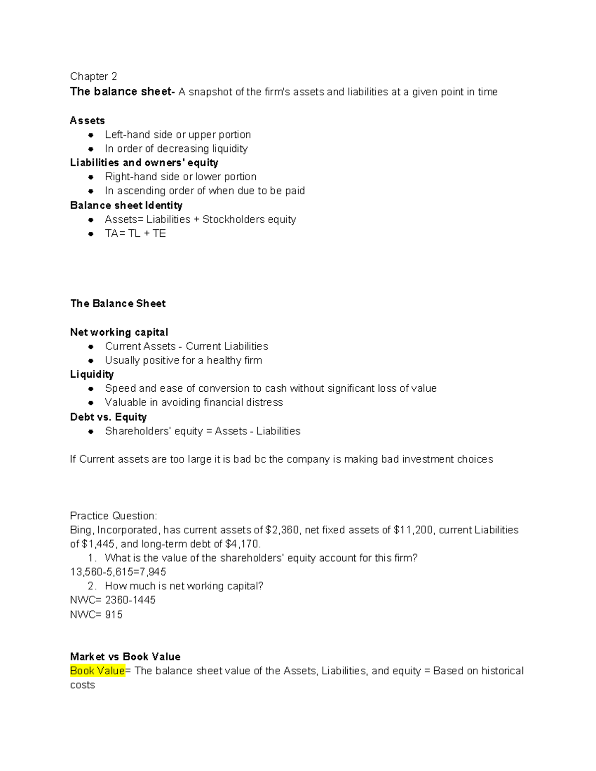 FIN 3200 Part 3 - FIN 3200 Notes - Chapter 2 The Balance Sheet- A ...