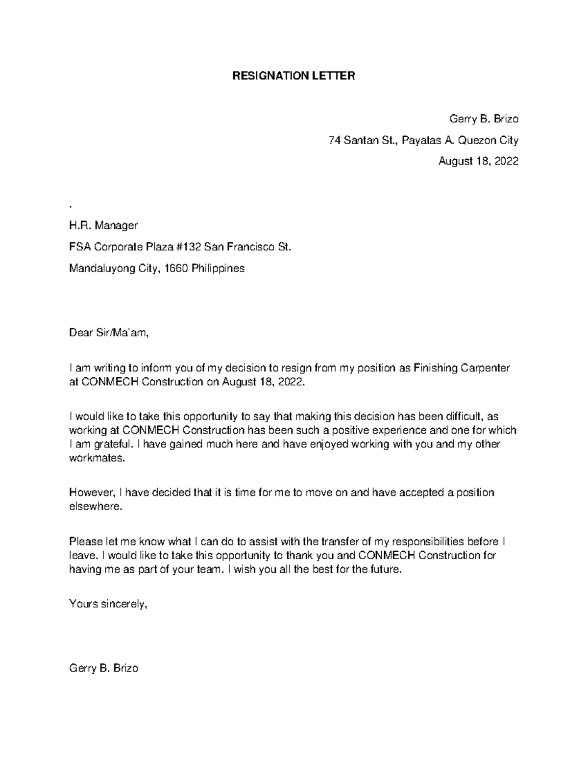 Resignation- Letter - RESIGNATION LETTER Gerry B. Brizo 74 Santan St ...