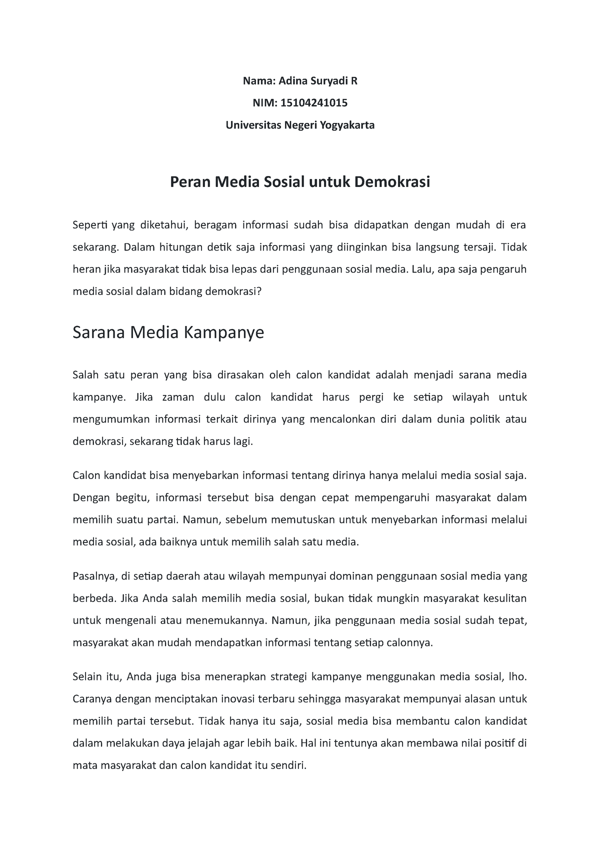 Peran Media Sosial Untuk Demokrasi - Nama: Adina Suryadi R NIM ...