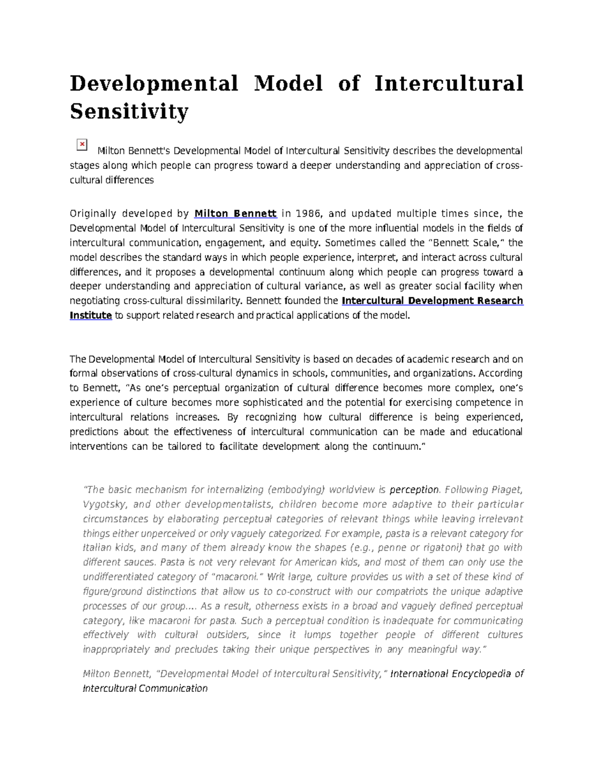 Developmental model of intercultural sensitivity - Sometimes called the ...