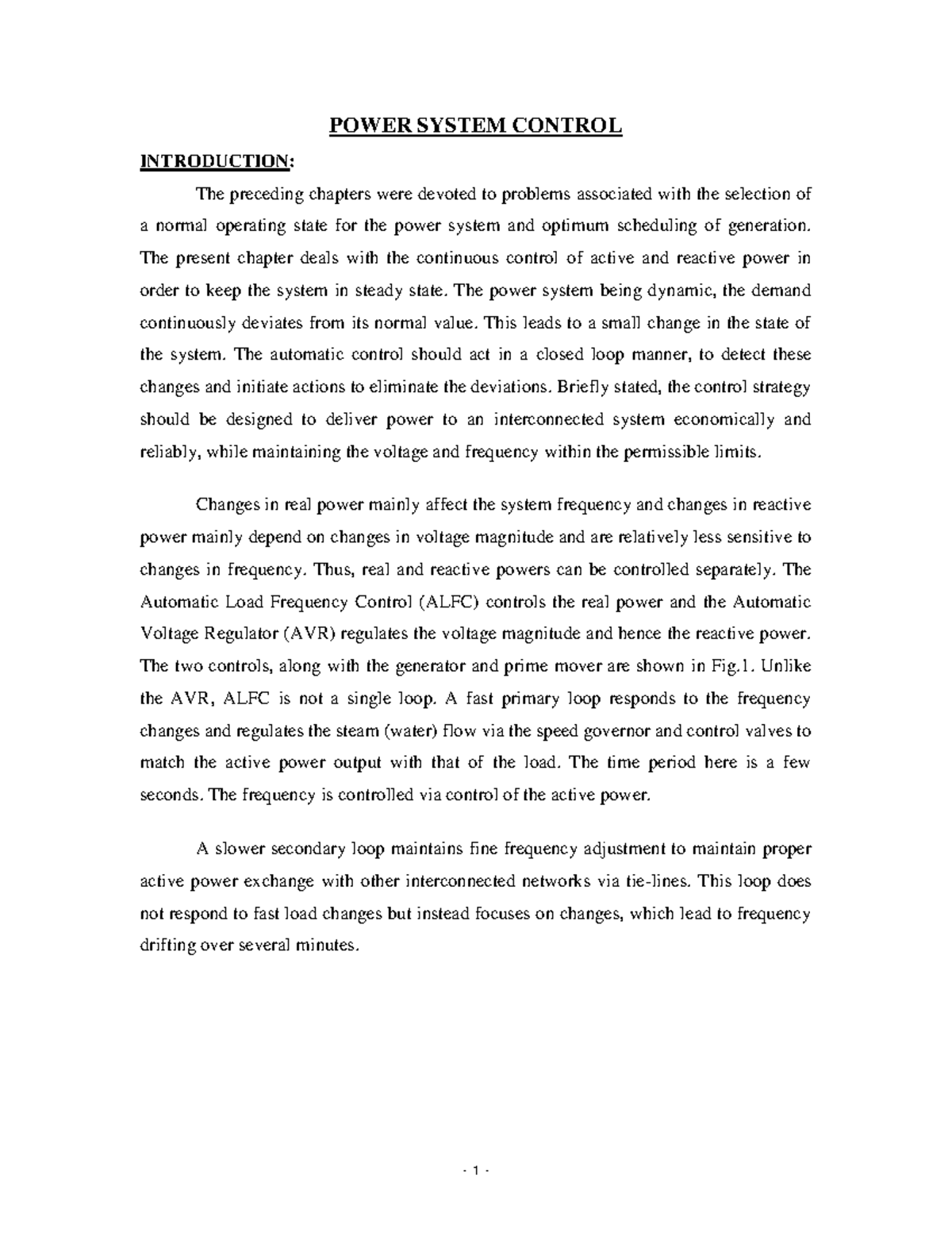 POWER SYSTEM CONTROL POWER SYSTEM CONTROL INTRODUCTION The preceding