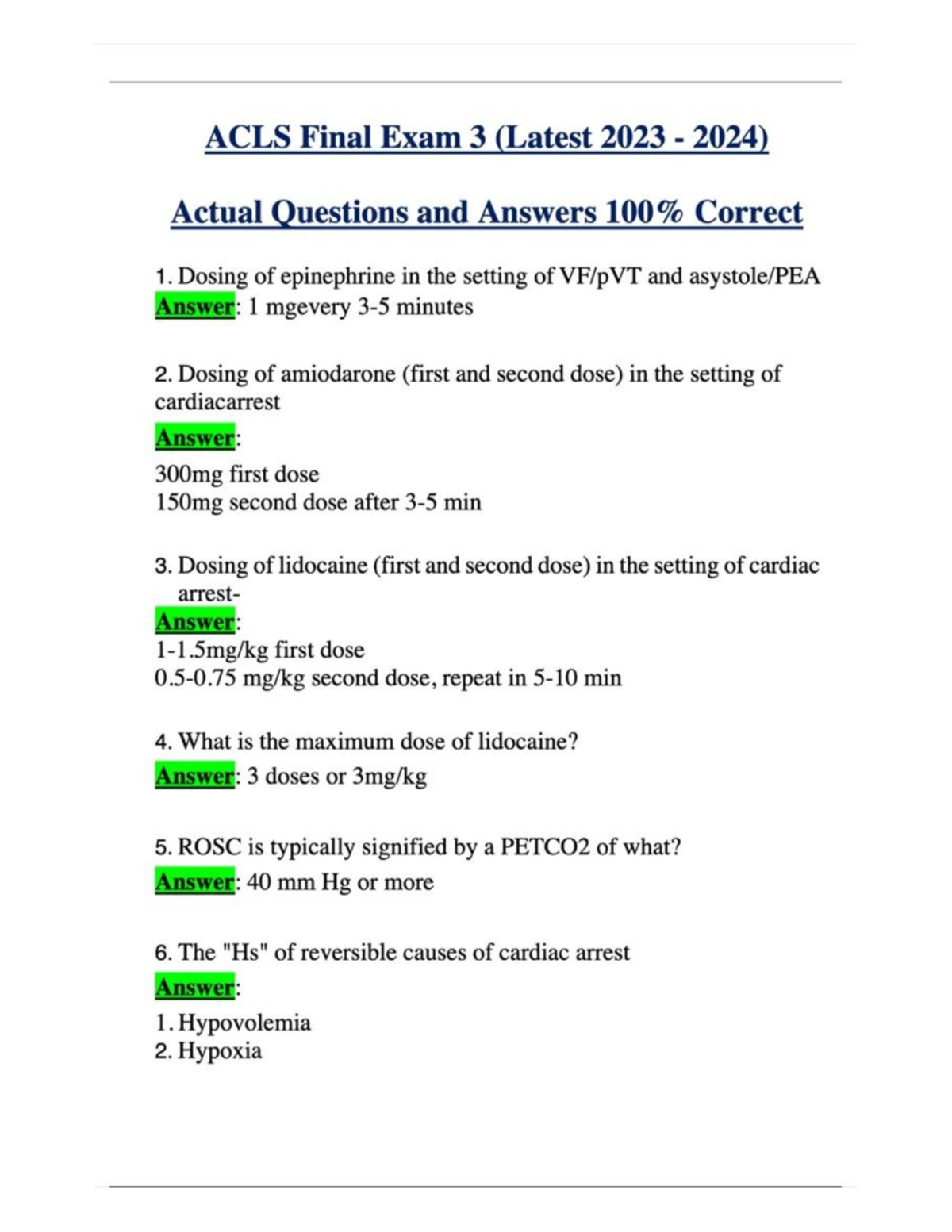 ACLS Final Exam 3 Latest 2023 2024 Actual Questions and Answers 100