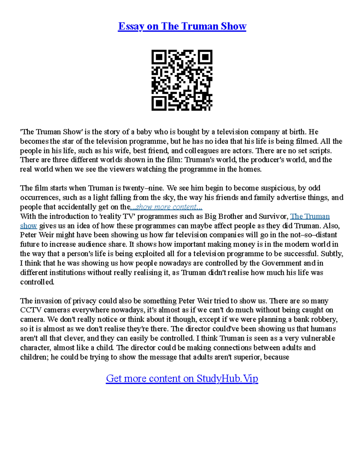 Truman Show Essays - Essay On The Truman Show 'The Truman Show' Is The ...