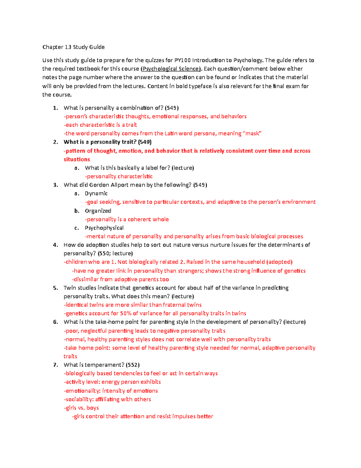 Chapter 13 Study Guide, Psychology - Chapter 13 Study Guide Use This ...