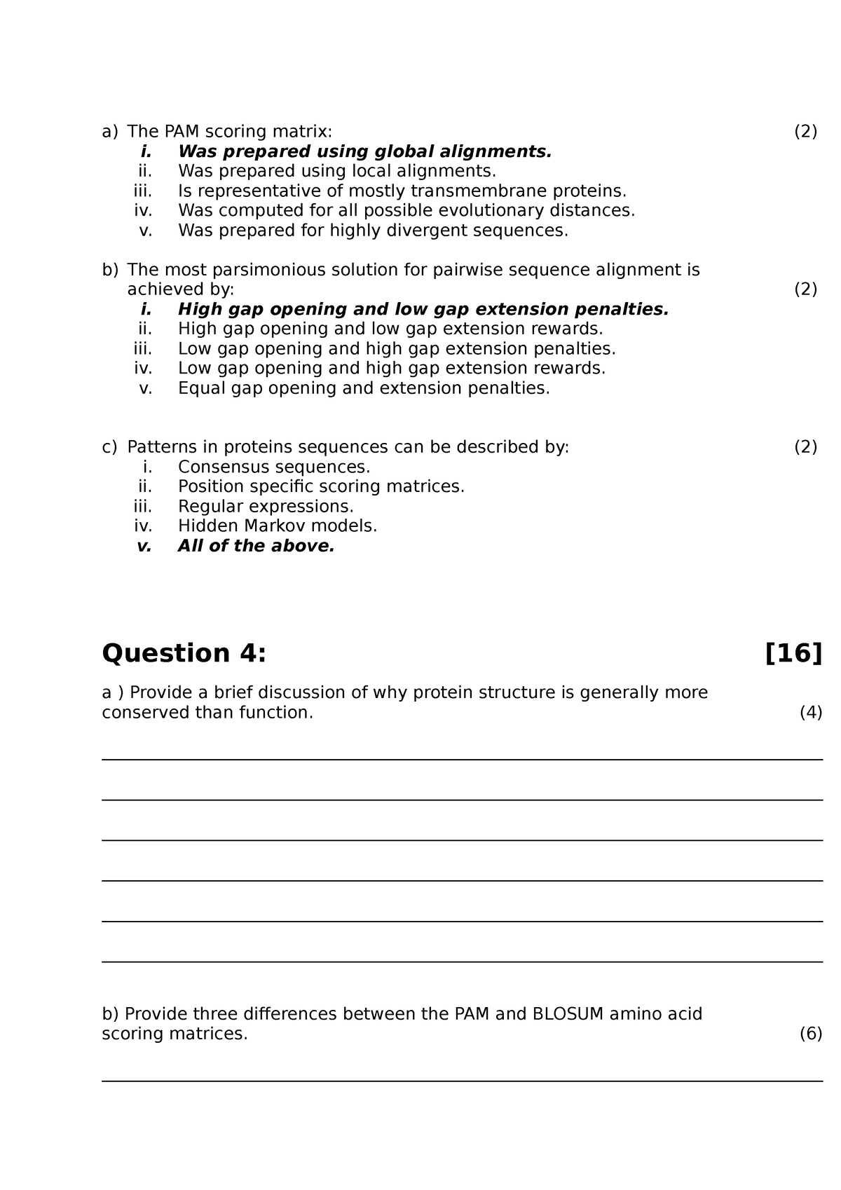 Bioinformatics example questions(1) - a) The PAM scoring matrix: (2) i ...