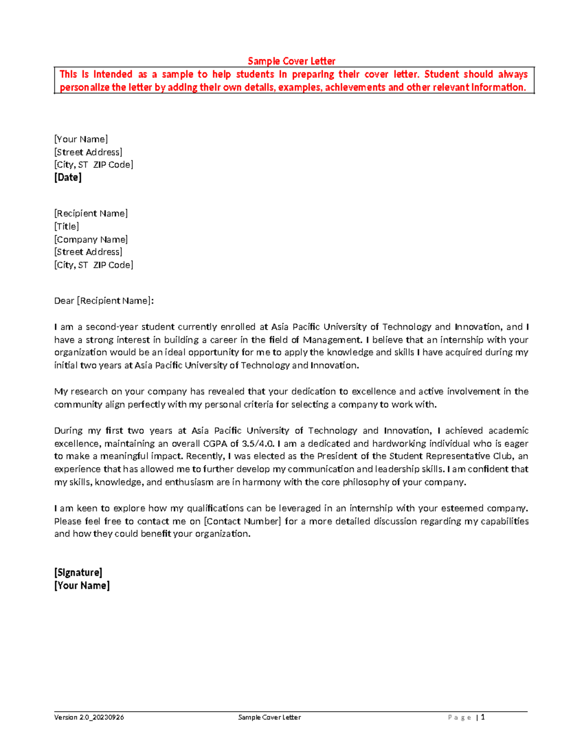 01-1 Sample Cover Letter - Sample Cover Letter This is intended as a ...