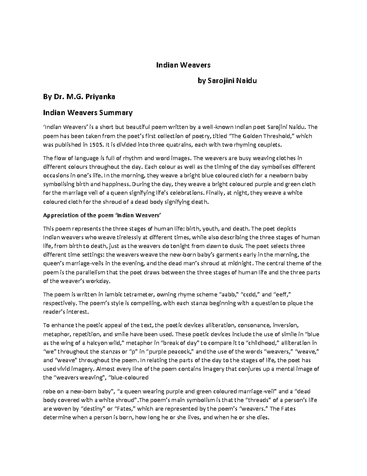 Indian Weavers M. Priyanka Indian Weavers Summary 8Indian Weavers9 is