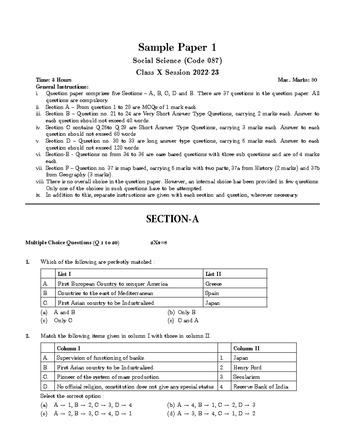 Sample Paper Social Science Cbse Social Science Class Sample