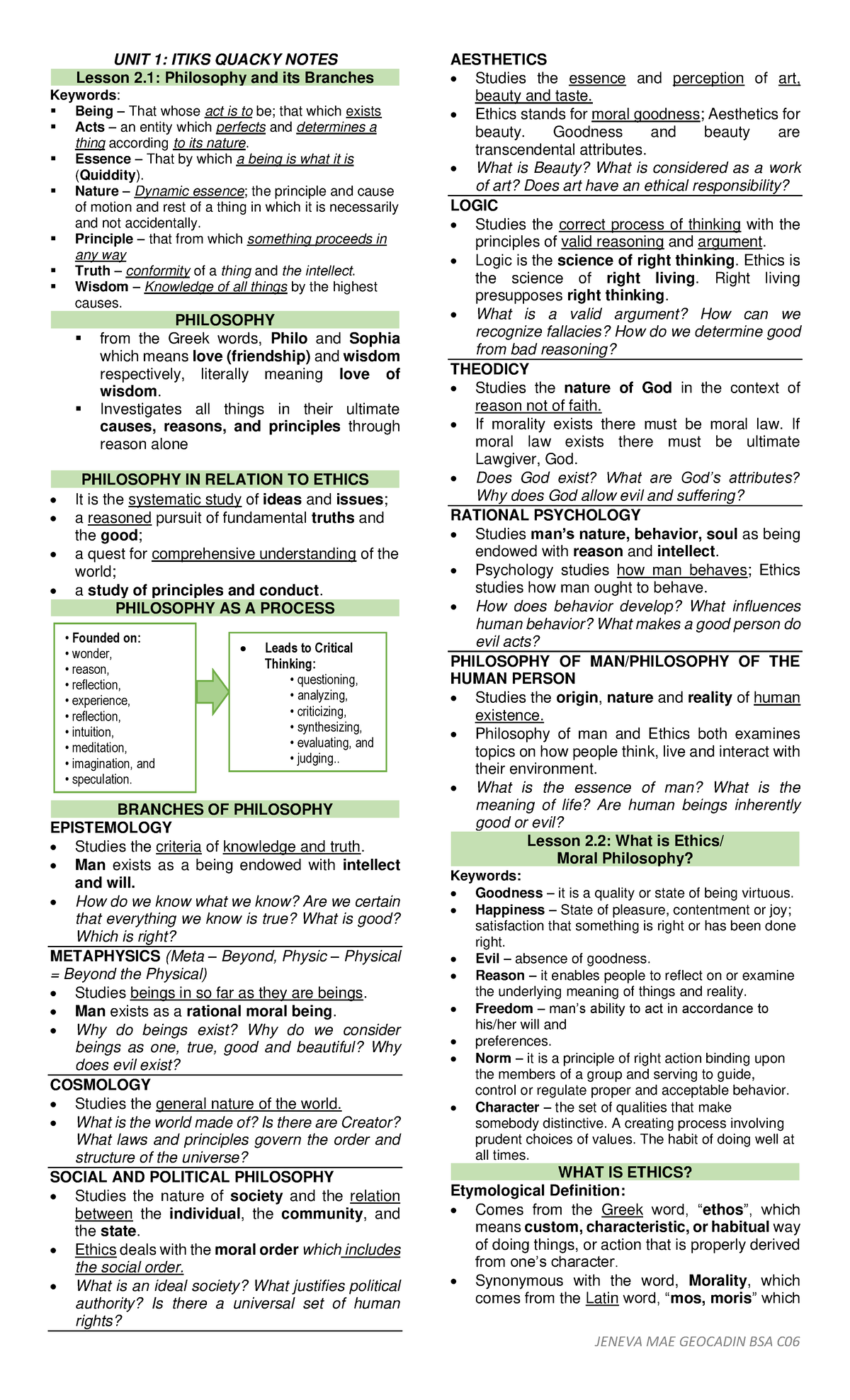 Ethics-prelim-notes - From branches of philosophy to morality - UNIT 1 ...
