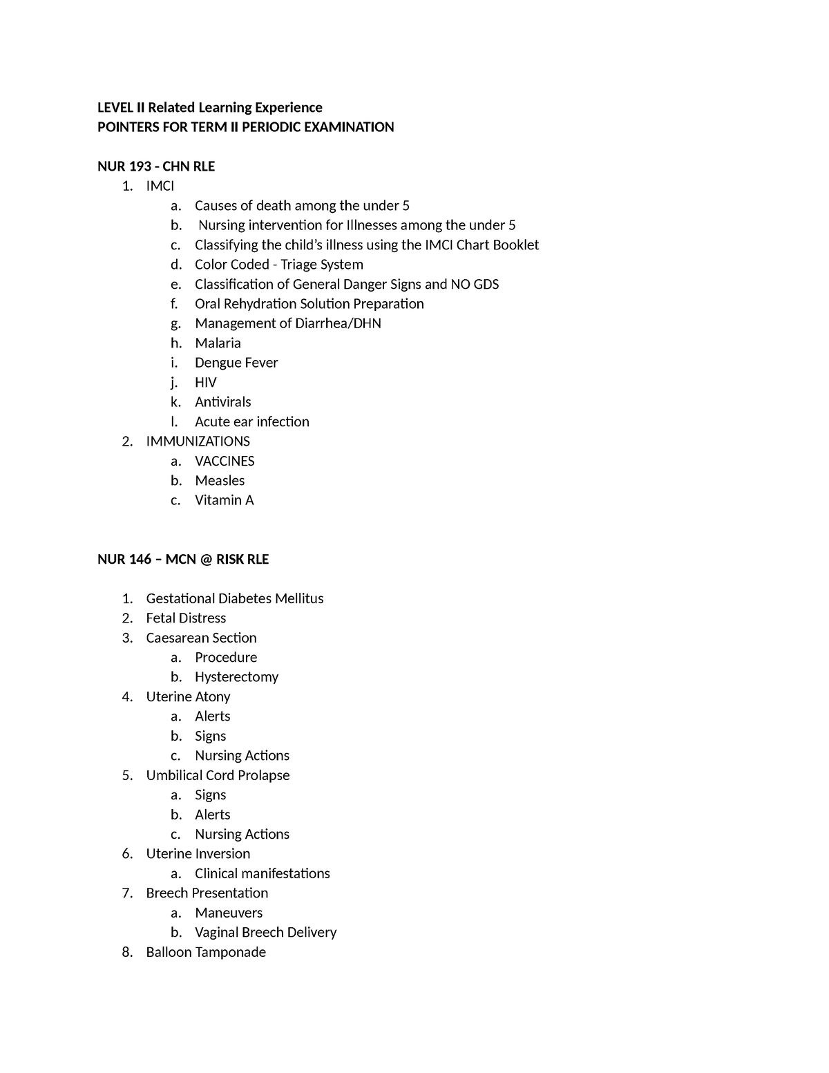 Level II RLE TERM 2 Periodic Examination Pointers - LEVEL II Related ...