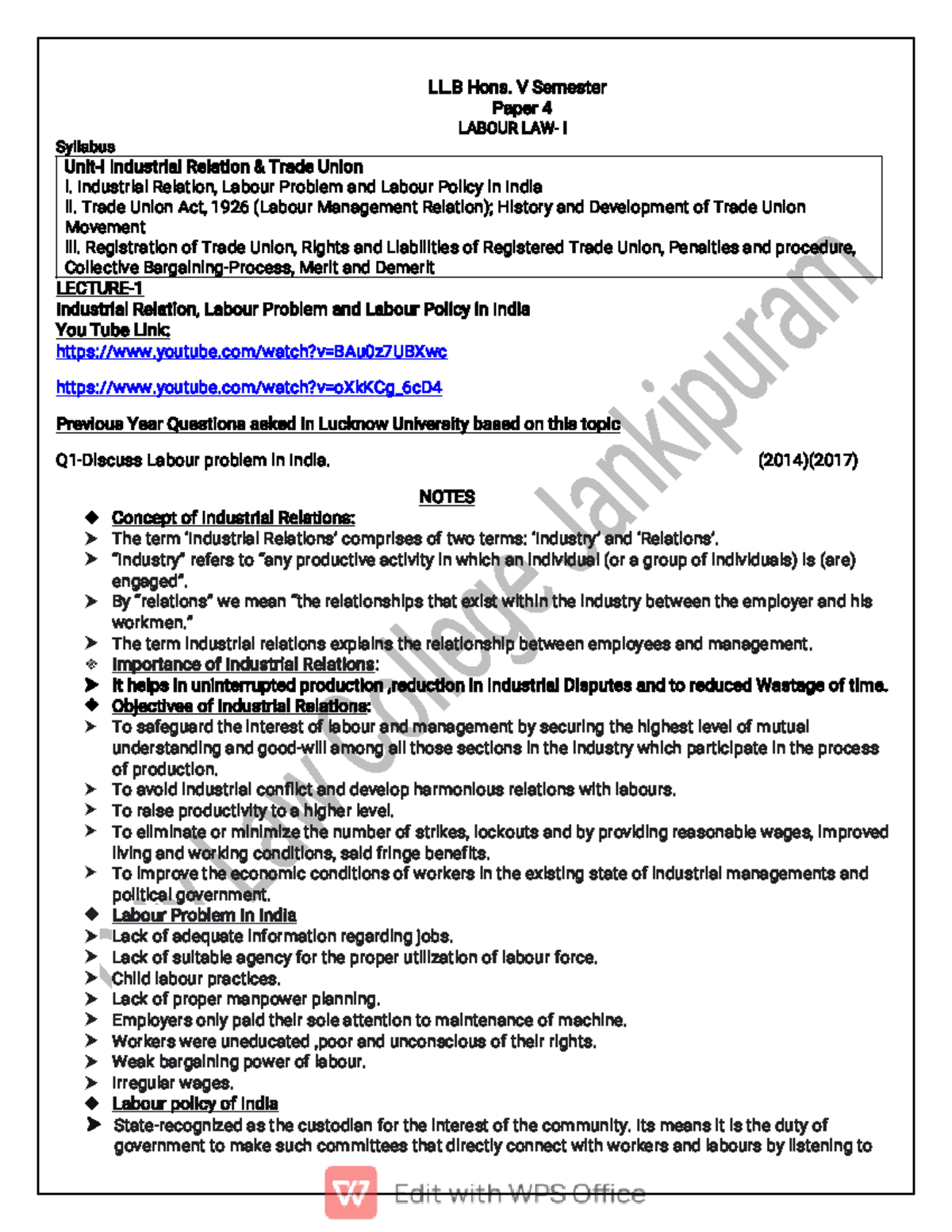 Labour law Law notes City Law College Jankipuram L L .B Ho ns. V Se