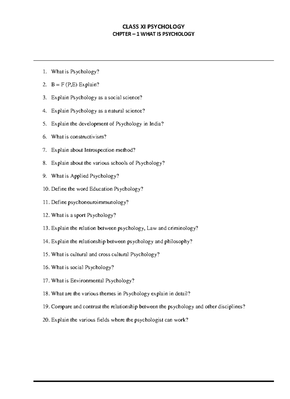 CBSE Class 11 Psychology What is Psychology Worksheet - CLASS XI ...