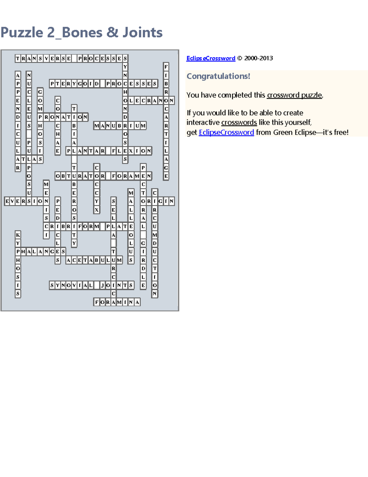 ANP crossword 2 Puzzle 2_Bones & Joints T R A N S V E R S E P R O C