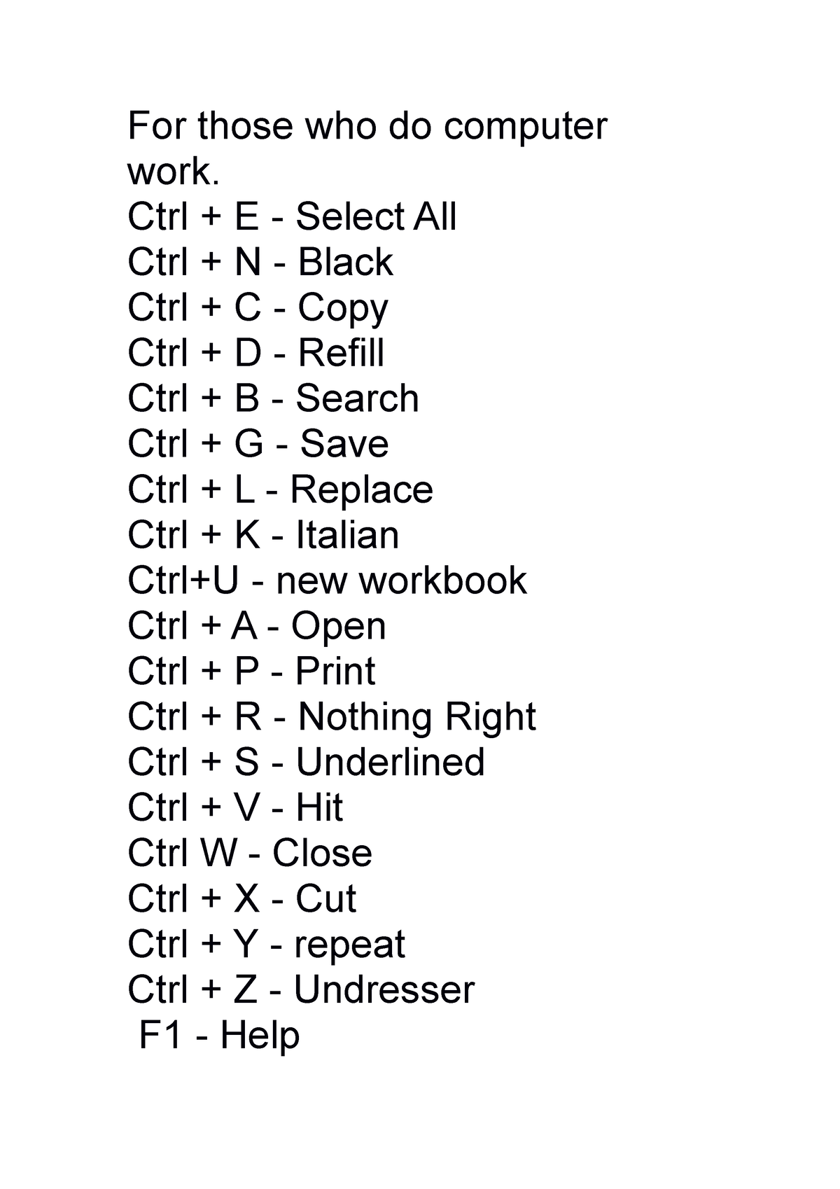 For those who do computer work - Ctrl + E - Select All Ctrl + N - Black ...