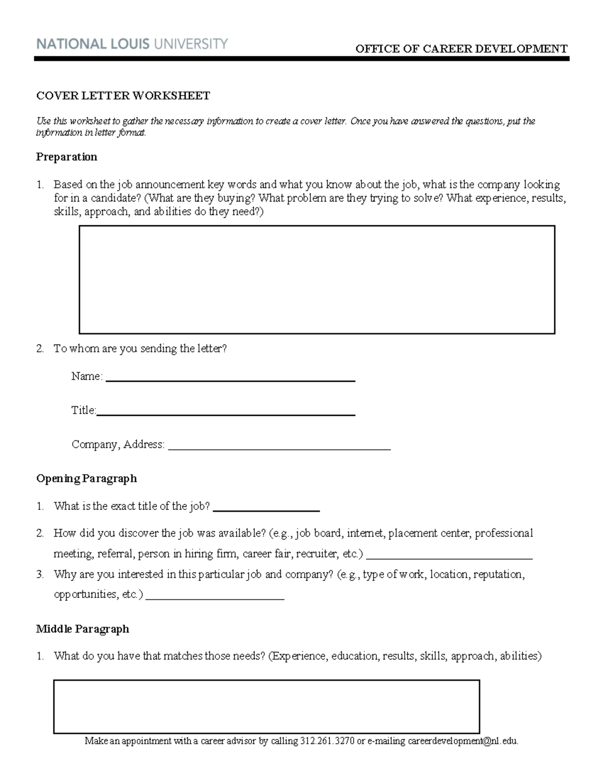 Cover letter worksheet web - OFFICE OF CAREER DEVELOPMENT Make an ...