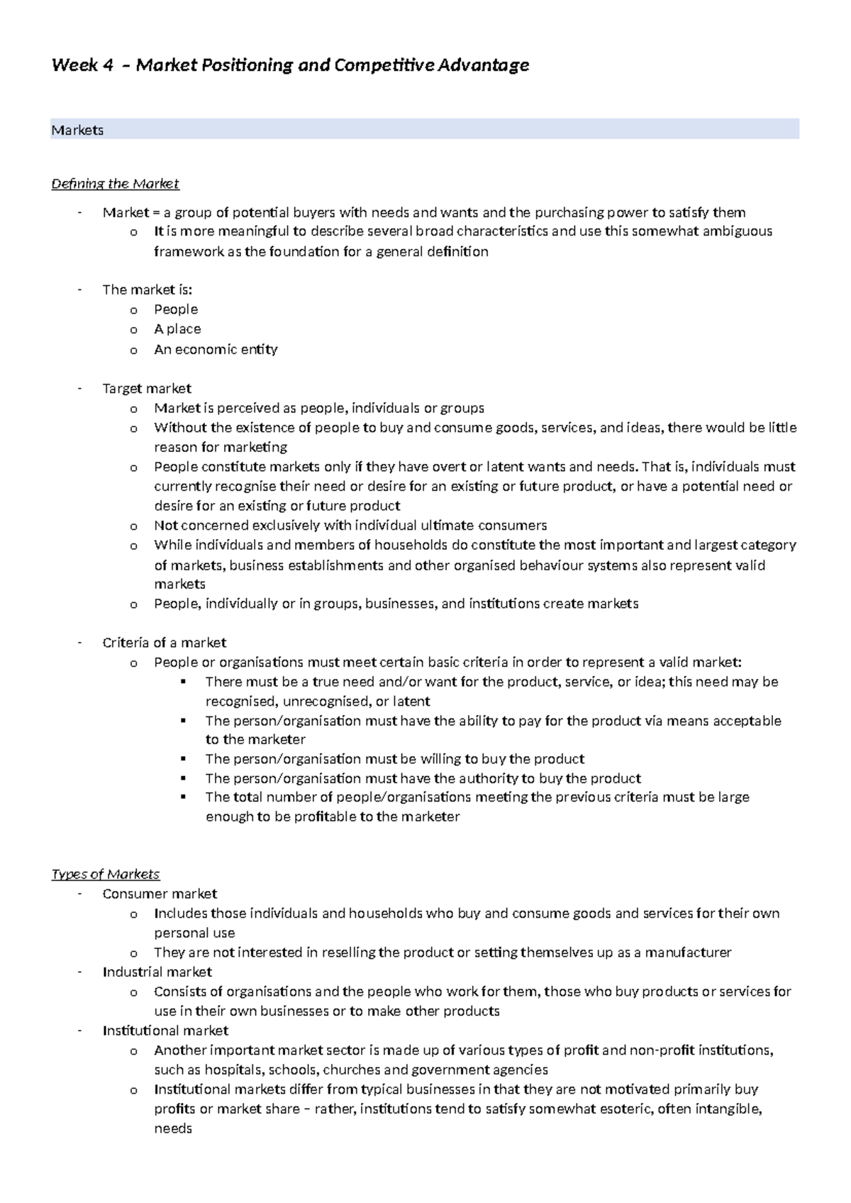 Wk 4 Notes - Market Positioning and Competitive Advantage - Week 4 ...