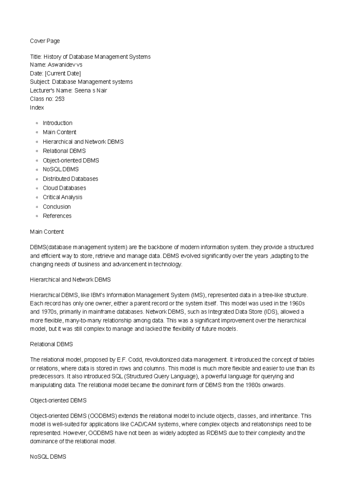 DBMS - dbms - Cover Page Title: History of Database Management Systems ...