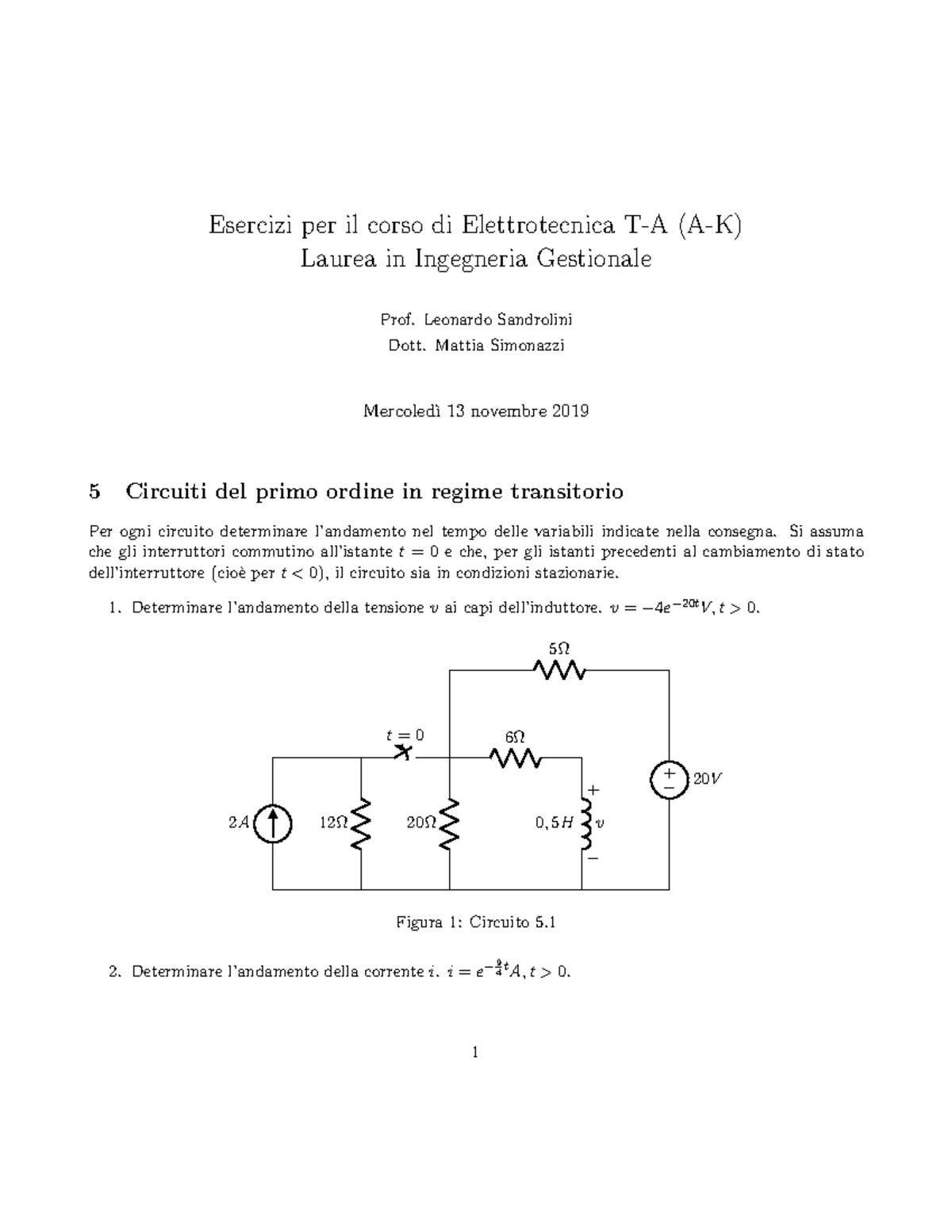 Esercizi Regime Transitorio - Esercizi Per Il Corso Di Elettrotecnica T ...