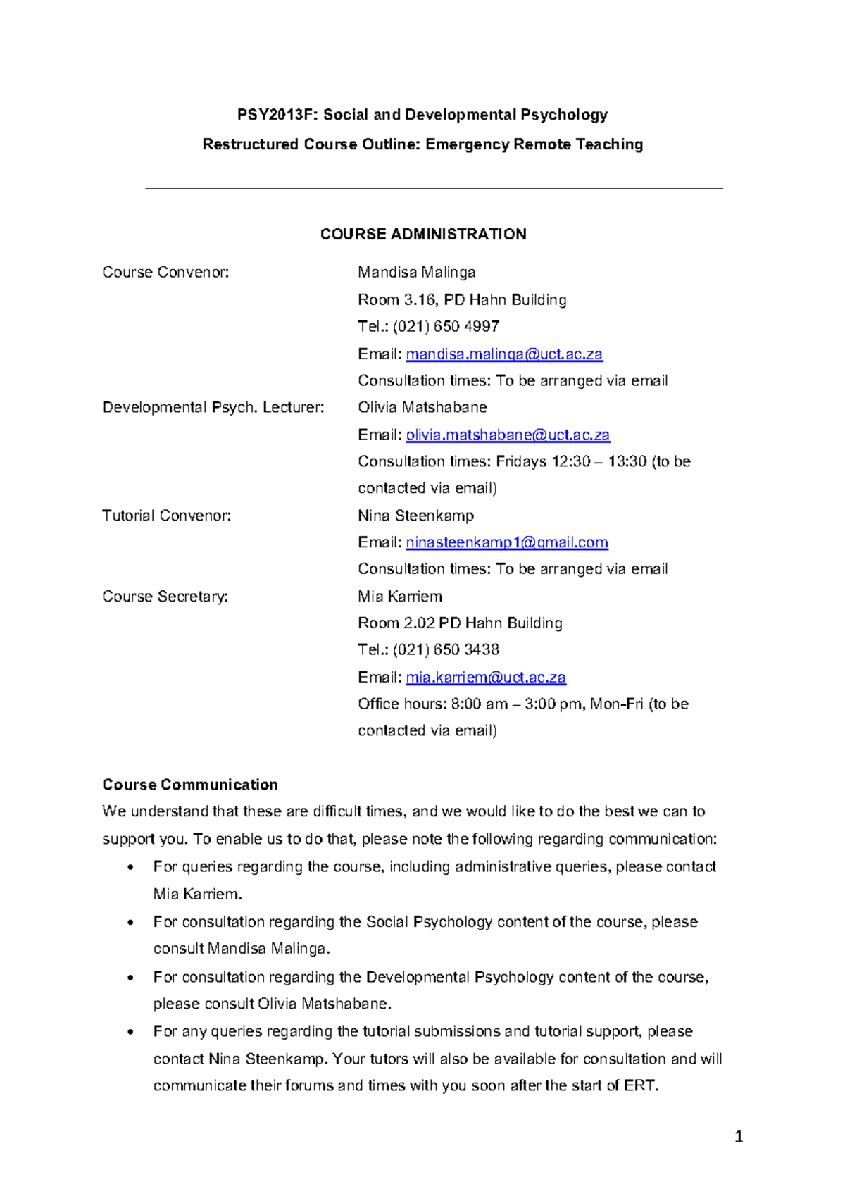 PSY2013 F Updated Course Outline ERT 17 April 2020 - Warning: TT ...