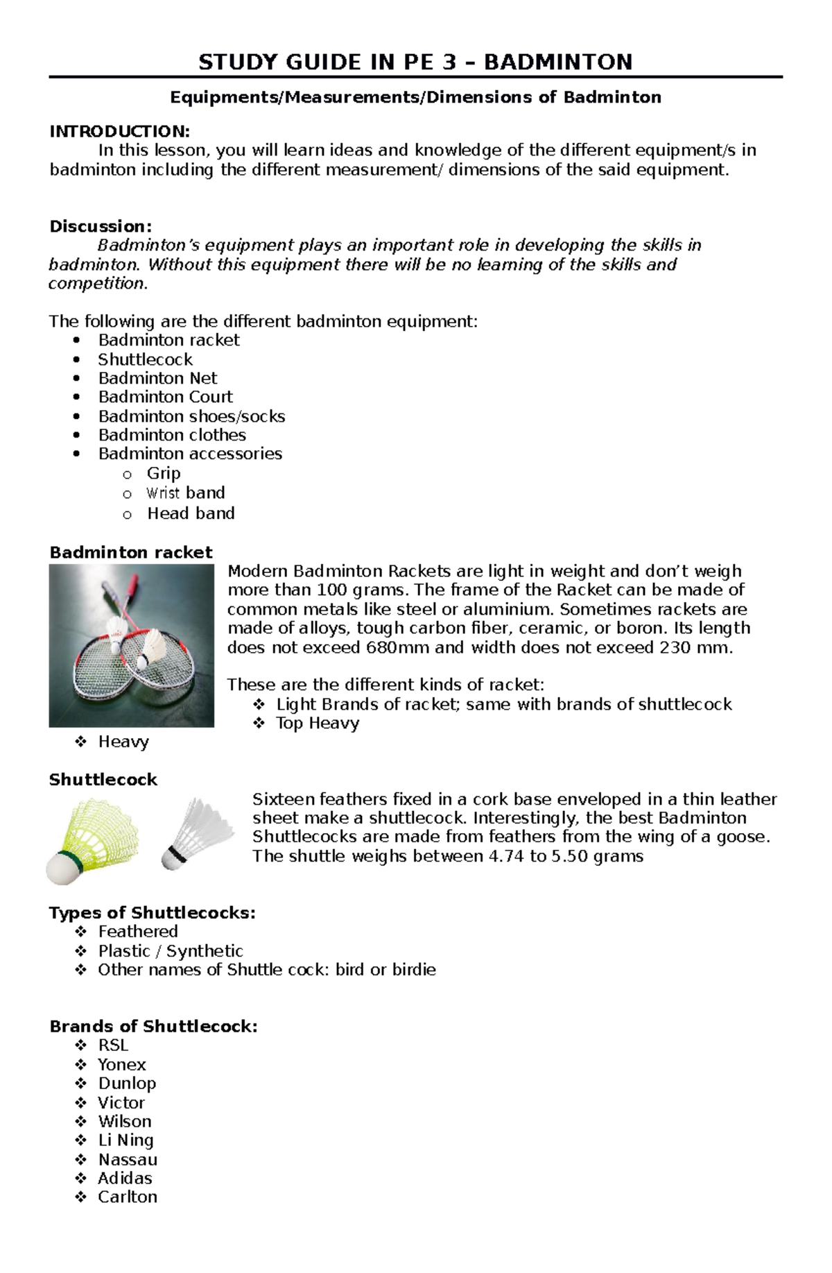 Study Guide IN PE 3 Physical Education about Badminton STUDY GUIDE