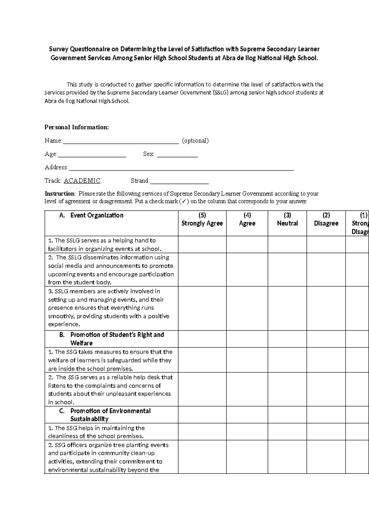 RES- Survey - Survey Questionnaire on Determining the Level of ...