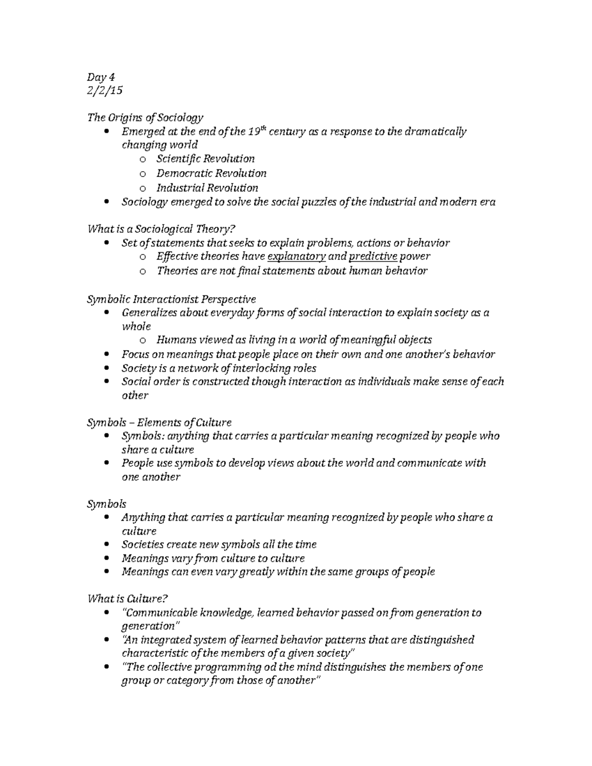 Day 4 - Lecture notes 4 - Day 4 2/2/ The Origins of Sociology Emerged ...