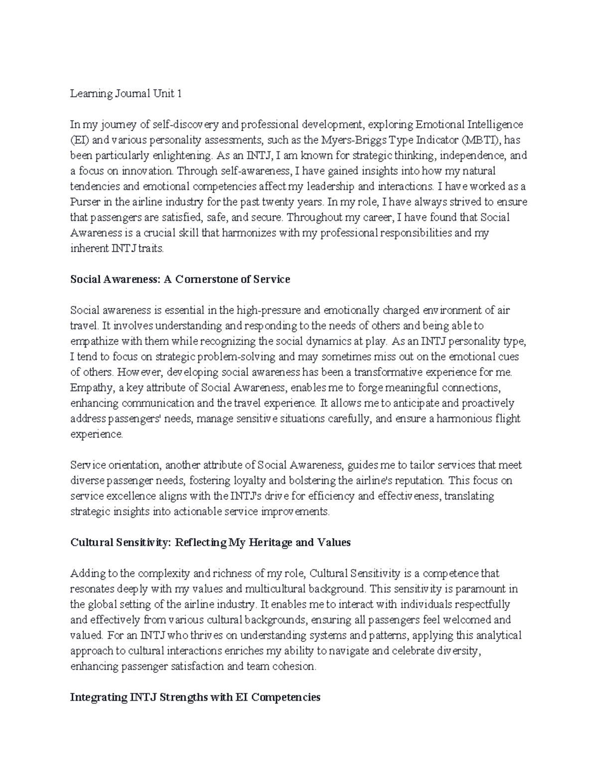 Learning Journal Unit 1 - As an INTJ, I am known for strategic thinking ...