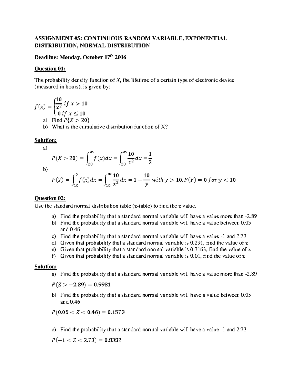 Assignment 5 - Chapter 03 - Solution - ASSIGNMENT #5: CONTINUOUS RANDOM ...