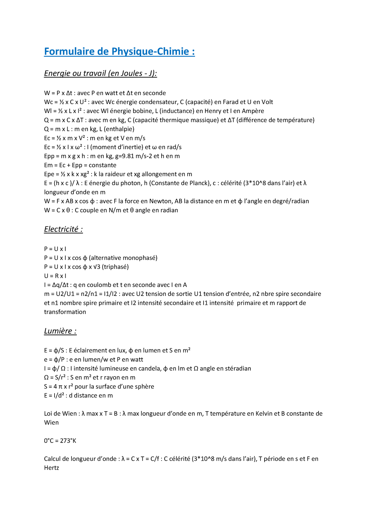 Formulaire de physique STI2D Terminale BAC - Formulaire de Physique ...