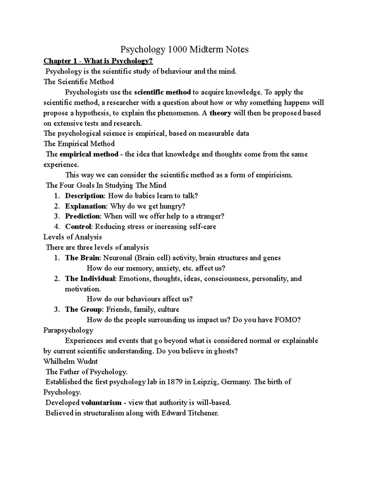 Psychology 1000 Midterm Notes Psychology 1000 Midterm Notes Chapter 1