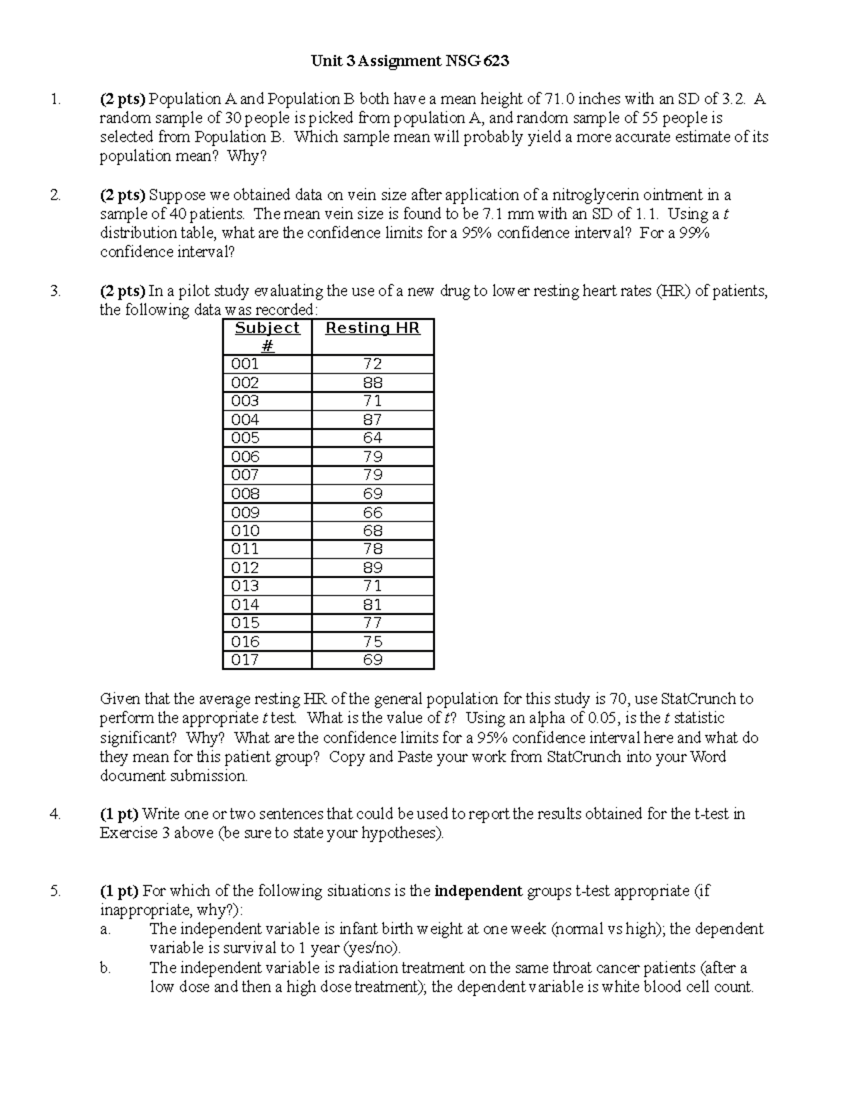 Unit 3 Assignment NSG 623 biomedical statistics - Unit 3 Assignment NSG ...