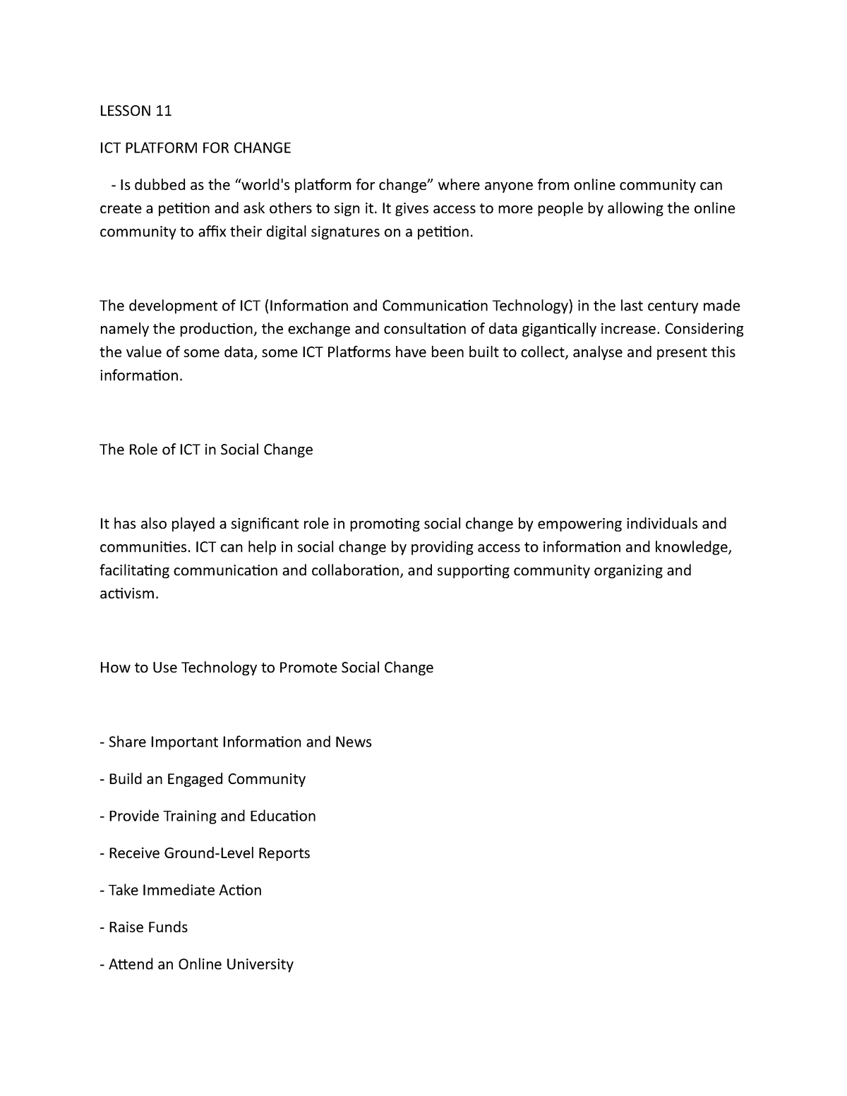 Lesson 11 - Guro - LESSON 11 ICT PLATFORM FOR CHANGE Is dubbed as the ...
