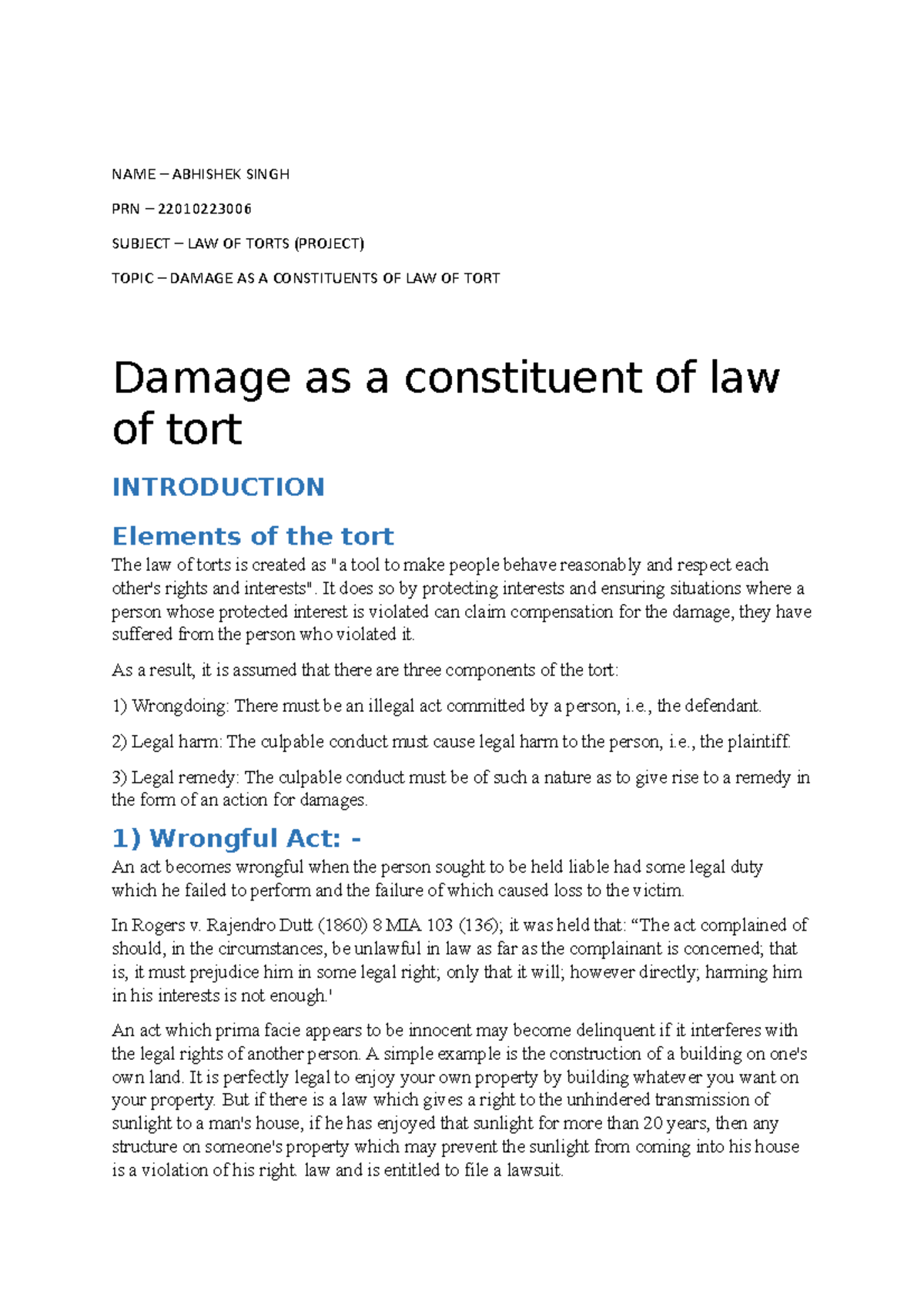 Damage as a constituent of law of tort - NAME – ABHISHEK SINGH PRN ...