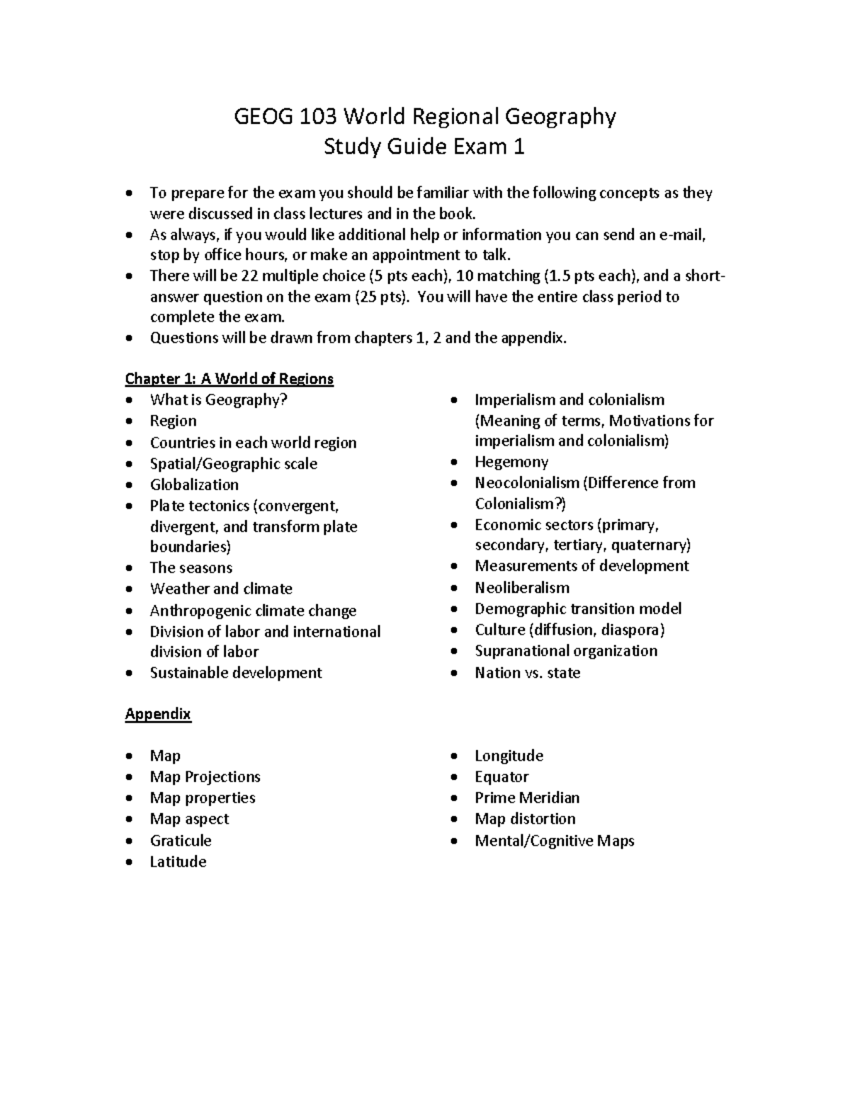 Study Guide Exam 1 - GEOG 103 World Regional Geography Study Guide Exam ...