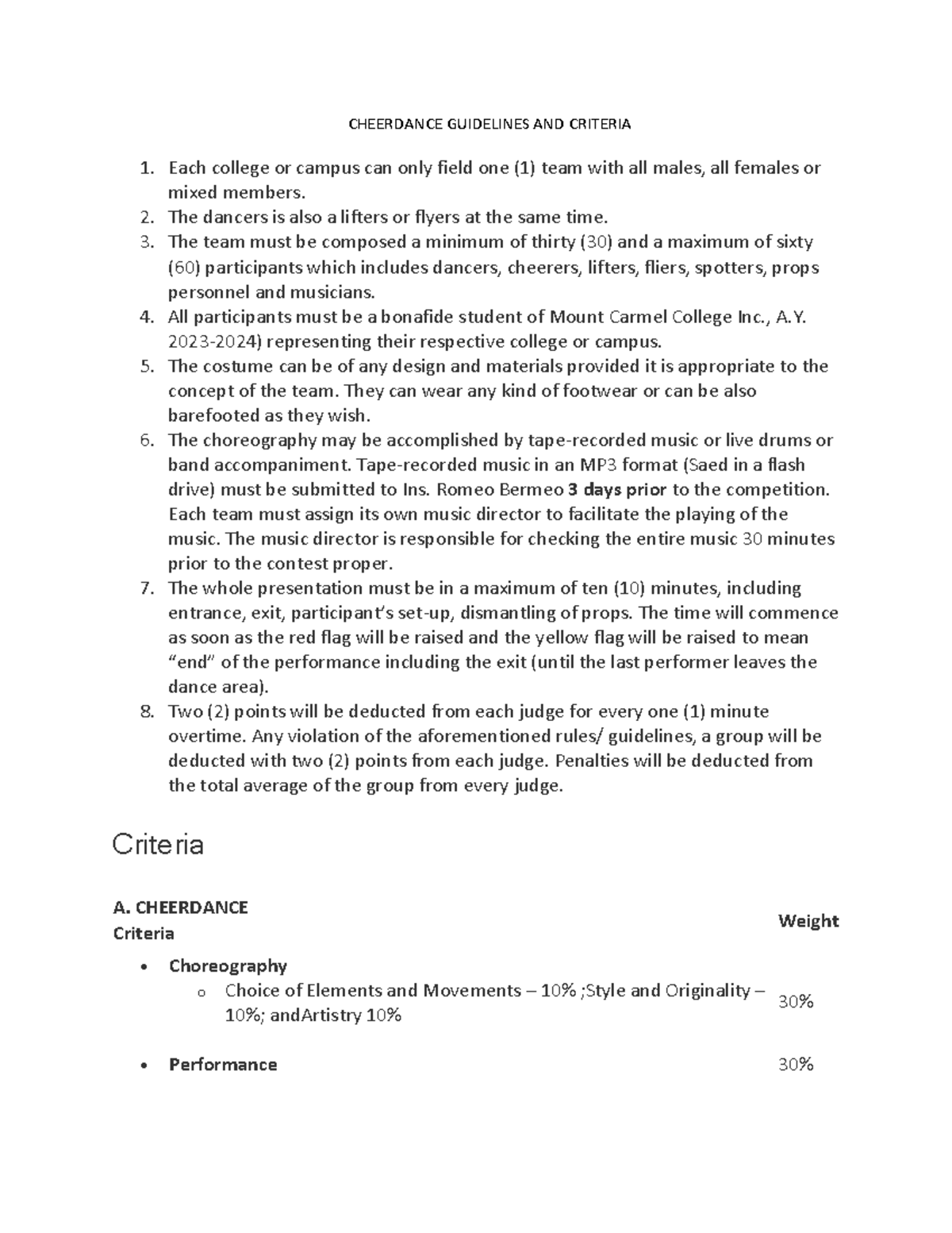 Cheerdance This is a sample guidelines CHEERDANCE GUIDELINES AND
