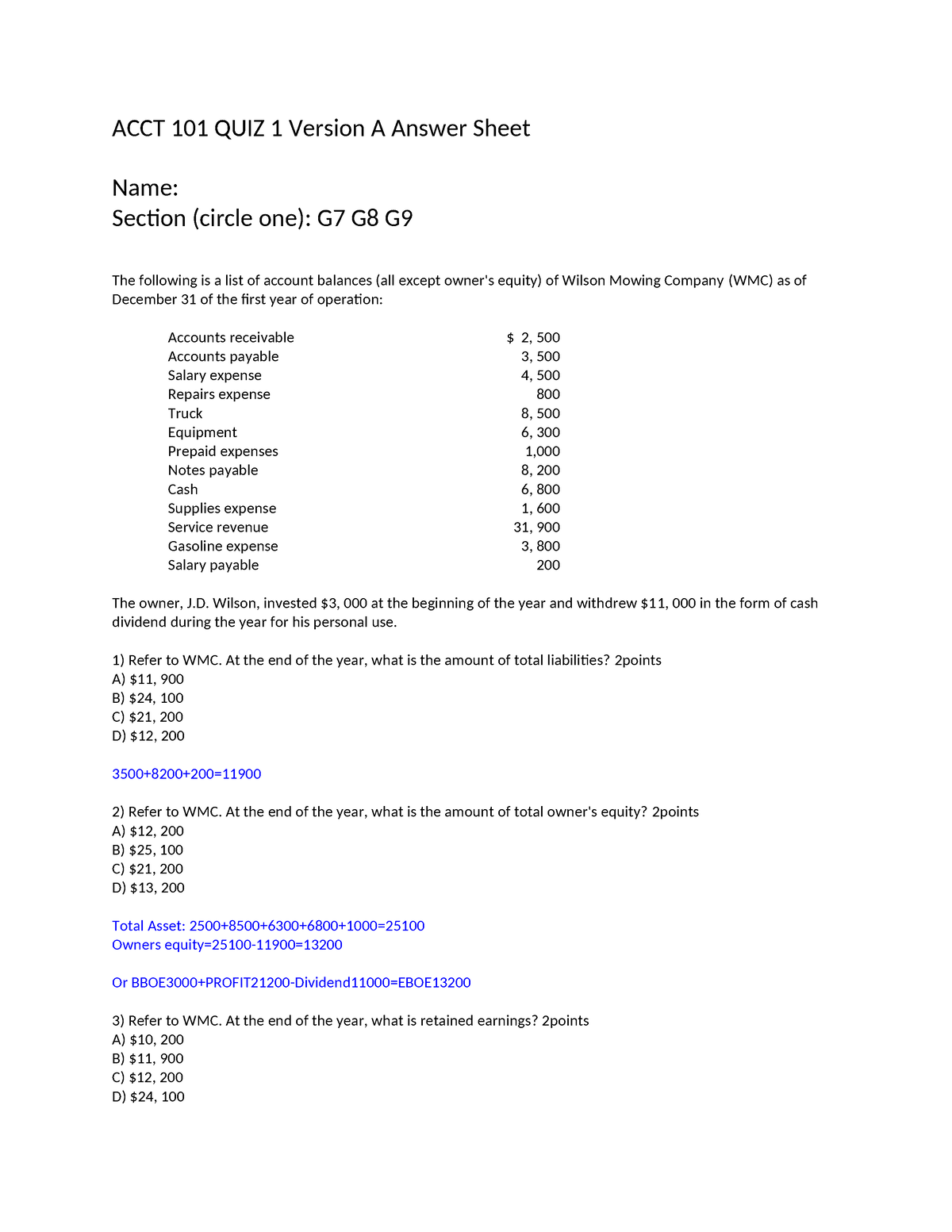 ACCT 101 QUIZ 1 - ACCT 101 QUIZ 1 Version A Answer Sheet The Following ...