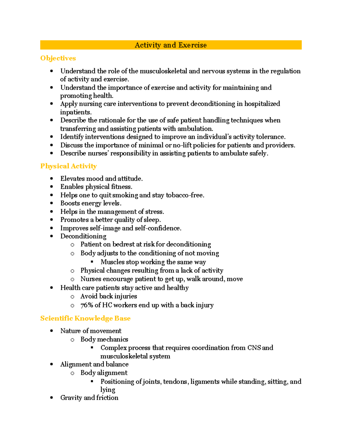 NU205 Activity and Exercise Patient Hygiene II Notes - Activity and ...