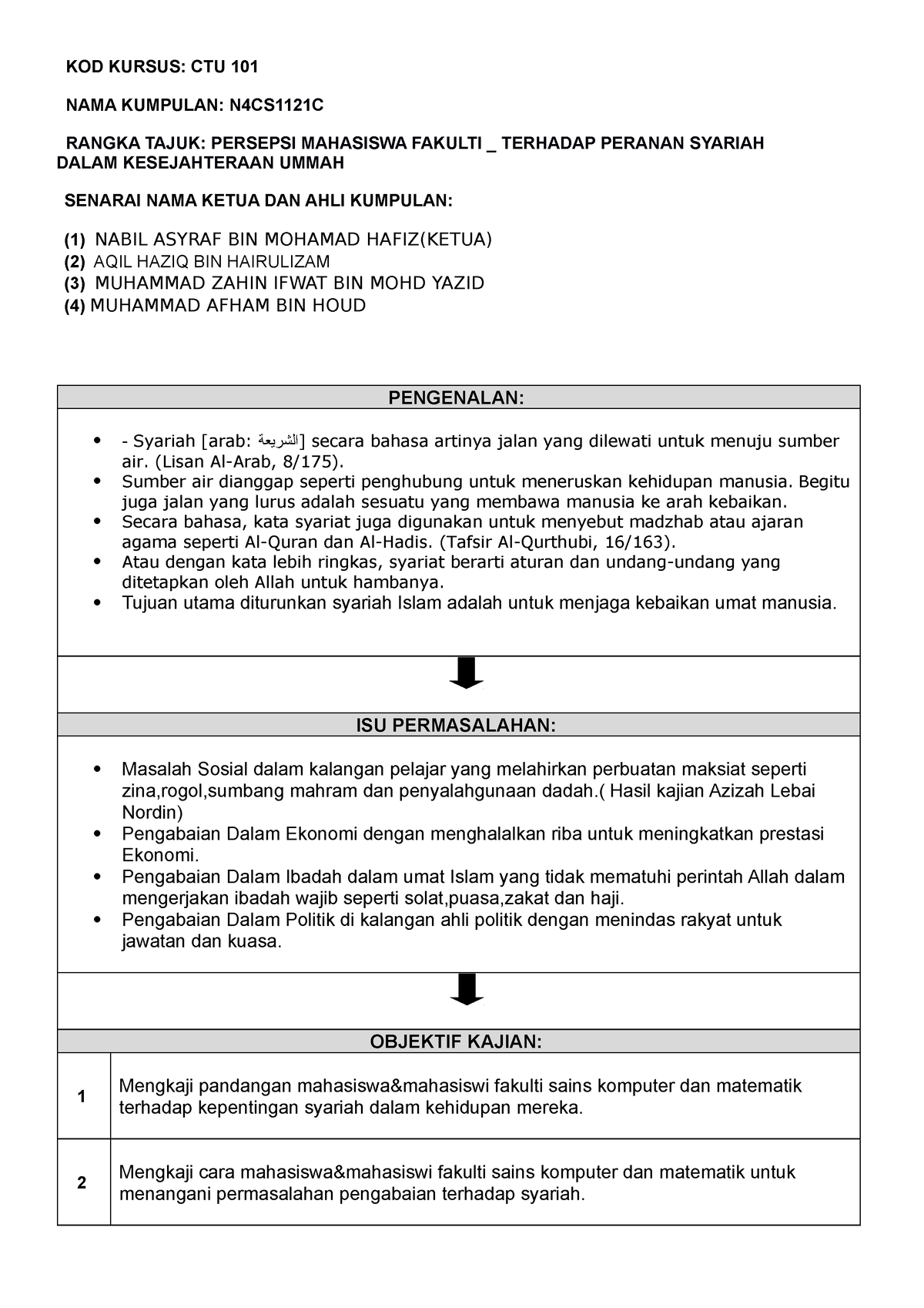 Rangka Kerja Kursus Ctu101 Kod Kursus Ctu 101 Nama Kumpulan N4cs1121c Rangka Tajuk Persepsi Studocu