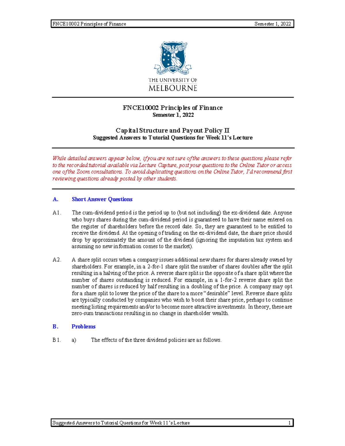 Tutorial 11 - Cap Str 2 - Ans - FNCE10002 Principles of Finance ...