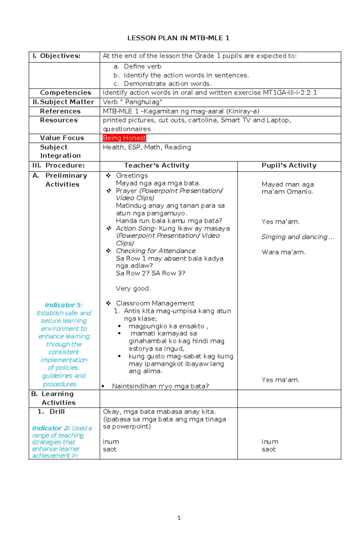 Lesson PLAN IN MTB 1 - LESSON PLAN IN MTB-MLE 1 I. Objectives: At the ...