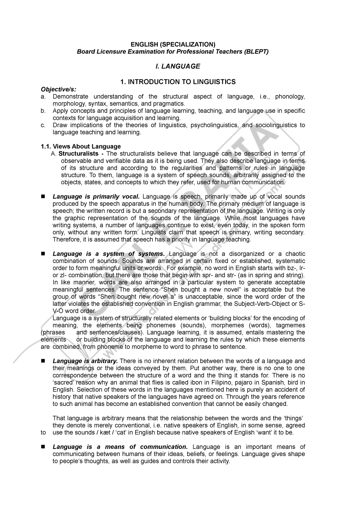 Handout- English- Language - ENGLISH (SPECIALIZATION) Board Licensure ...