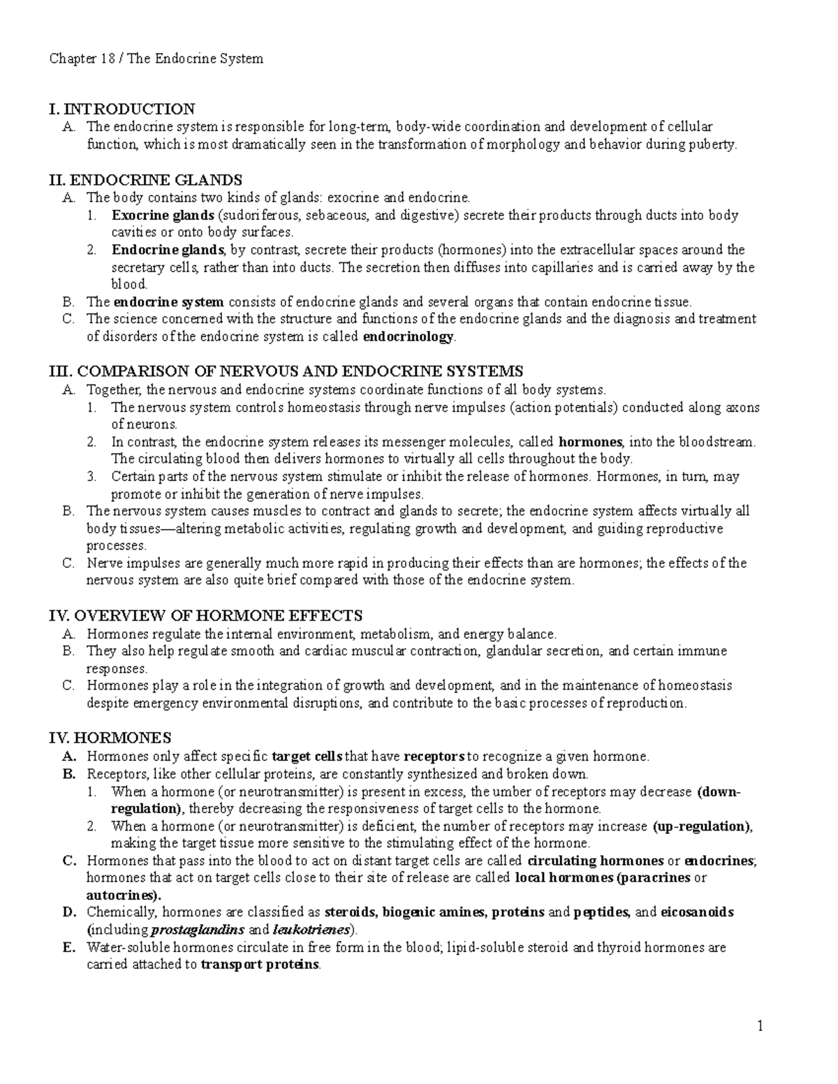 Chapter 18 Endocrine - I. INTRODUCTION A. The endocrine system is ...